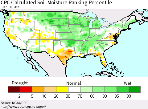 United States CPC Calculated Soil Moisture Ranking Percentile Thematic Map For 1/26/2020 - 1/31/2020