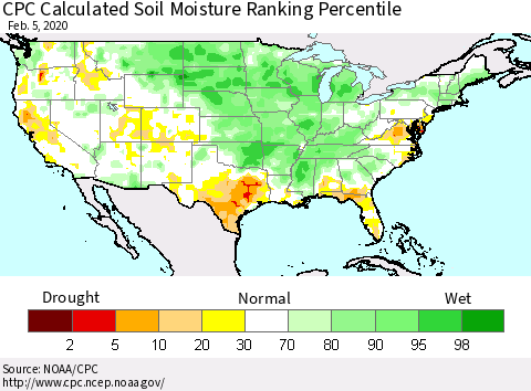 United States CPC Calculated Soil Moisture Ranking Percentile Thematic Map For 2/1/2020 - 2/5/2020