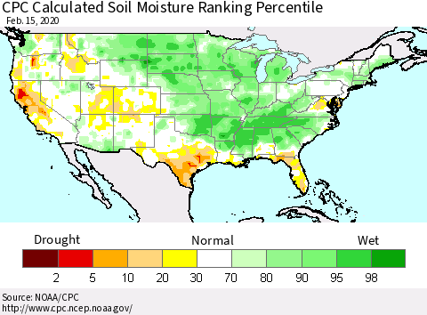United States CPC Soil Moisture Ranking Percentile (Leaky Bucket) Thematic Map For 2/11/2020 - 2/15/2020