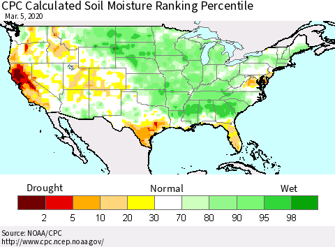 United States CPC Soil Moisture Ranking Percentile (Leaky Bucket) Thematic Map For 3/1/2020 - 3/5/2020