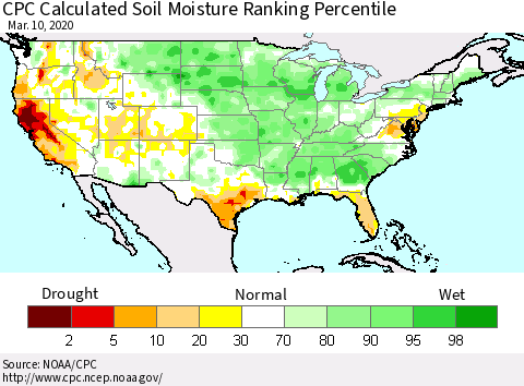 United States CPC Calculated Soil Moisture Ranking Percentile Thematic Map For 3/6/2020 - 3/10/2020