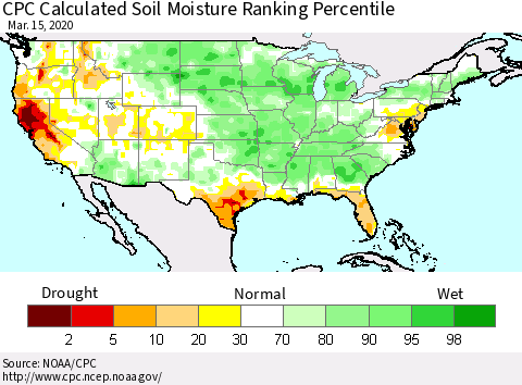 United States CPC Calculated Soil Moisture Ranking Percentile Thematic Map For 3/11/2020 - 3/15/2020