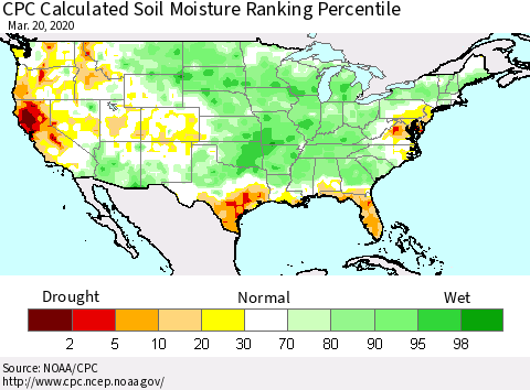United States CPC Calculated Soil Moisture Ranking Percentile Thematic Map For 3/16/2020 - 3/20/2020