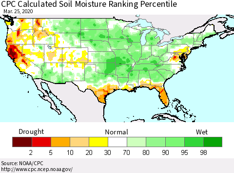 United States CPC Soil Moisture Ranking Percentile (Leaky Bucket) Thematic Map For 3/21/2020 - 3/25/2020