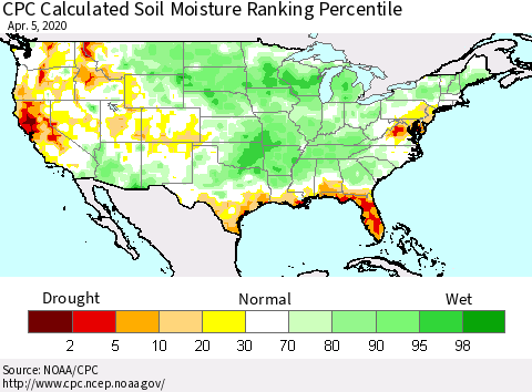 United States CPC Calculated Soil Moisture Ranking Percentile Thematic Map For 4/1/2020 - 4/5/2020