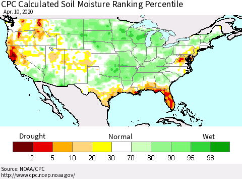 United States CPC Calculated Soil Moisture Ranking Percentile Thematic Map For 4/6/2020 - 4/10/2020