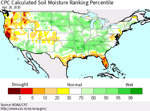United States CPC Calculated Soil Moisture Ranking Percentile Thematic Map For 4/16/2020 - 4/20/2020
