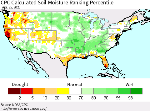 United States CPC Soil Moisture Ranking Percentile (Leaky Bucket) Thematic Map For 4/21/2020 - 4/25/2020
