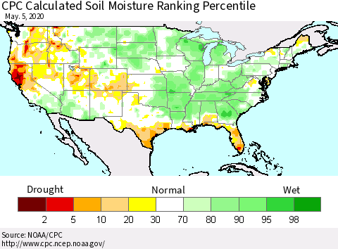 United States CPC Calculated Soil Moisture Ranking Percentile Thematic Map For 5/1/2020 - 5/5/2020
