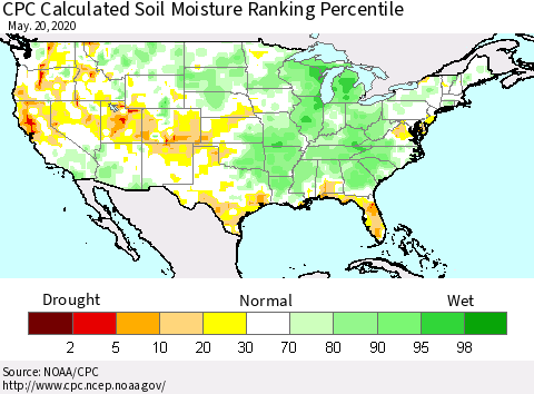 United States CPC Calculated Soil Moisture Ranking Percentile Thematic Map For 5/16/2020 - 5/20/2020