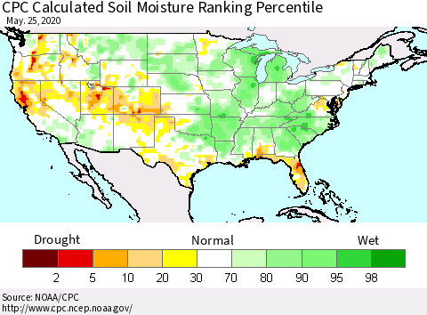 United States CPC Soil Moisture Ranking Percentile (Leaky Bucket) Thematic Map For 5/21/2020 - 5/25/2020