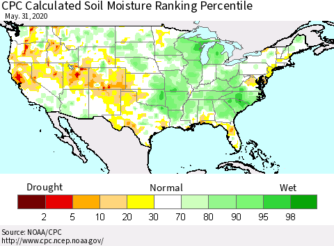 United States CPC Calculated Soil Moisture Ranking Percentile Thematic Map For 5/26/2020 - 5/31/2020