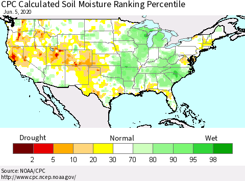 United States CPC Calculated Soil Moisture Ranking Percentile Thematic Map For 6/1/2020 - 6/5/2020