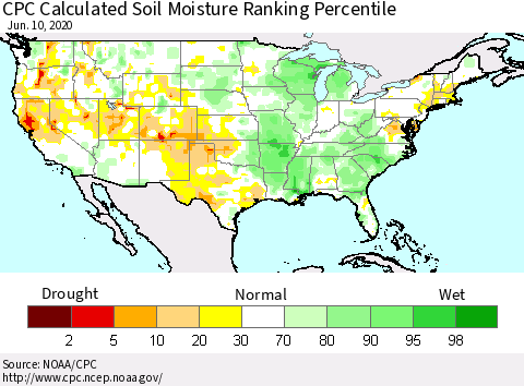 United States CPC Calculated Soil Moisture Ranking Percentile Thematic Map For 6/6/2020 - 6/10/2020