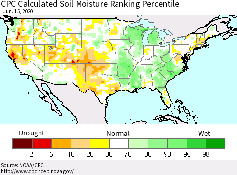 United States CPC Calculated Soil Moisture Ranking Percentile Thematic Map For 6/11/2020 - 6/15/2020