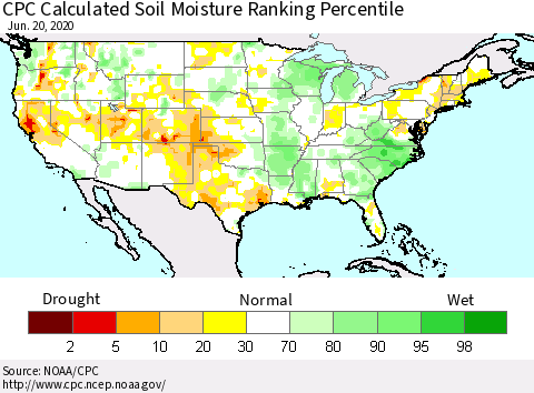 United States CPC Calculated Soil Moisture Ranking Percentile Thematic Map For 6/16/2020 - 6/20/2020