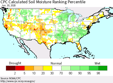 United States CPC Calculated Soil Moisture Ranking Percentile Thematic Map For 6/26/2020 - 6/30/2020