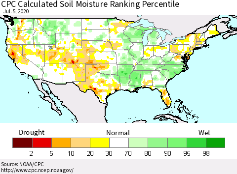 United States CPC Calculated Soil Moisture Ranking Percentile Thematic Map For 7/1/2020 - 7/5/2020
