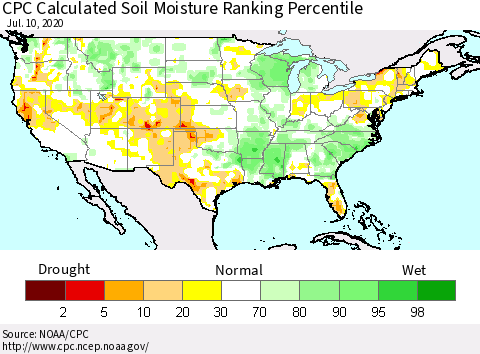 United States CPC Soil Moisture Ranking Percentile (Leaky Bucket) Thematic Map For 7/6/2020 - 7/10/2020