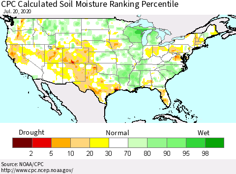 United States CPC Soil Moisture Ranking Percentile (Leaky Bucket) Thematic Map For 7/16/2020 - 7/20/2020