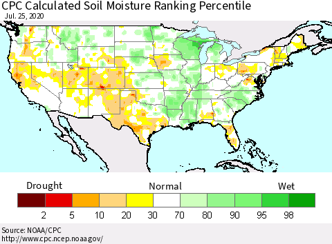 United States CPC Calculated Soil Moisture Ranking Percentile Thematic Map For 7/21/2020 - 7/25/2020