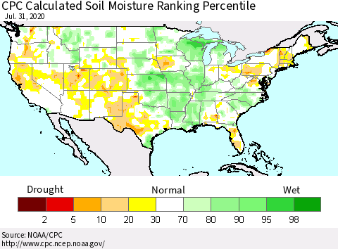 United States CPC Calculated Soil Moisture Ranking Percentile Thematic Map For 7/26/2020 - 7/31/2020