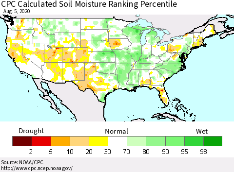 United States CPC Soil Moisture Ranking Percentile (Leaky Bucket) Thematic Map For 8/1/2020 - 8/5/2020
