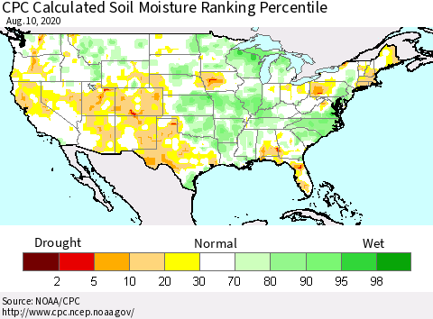 United States CPC Soil Moisture Ranking Percentile (Leaky Bucket) Thematic Map For 8/6/2020 - 8/10/2020