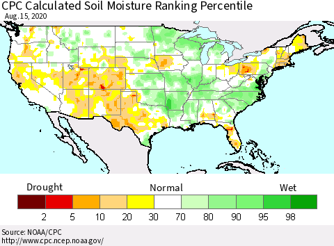 United States CPC Calculated Soil Moisture Ranking Percentile Thematic Map For 8/11/2020 - 8/15/2020