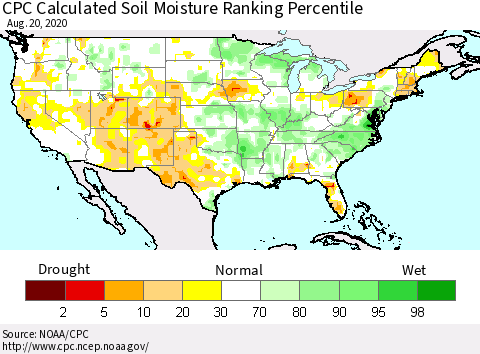 United States CPC Calculated Soil Moisture Ranking Percentile Thematic Map For 8/16/2020 - 8/20/2020