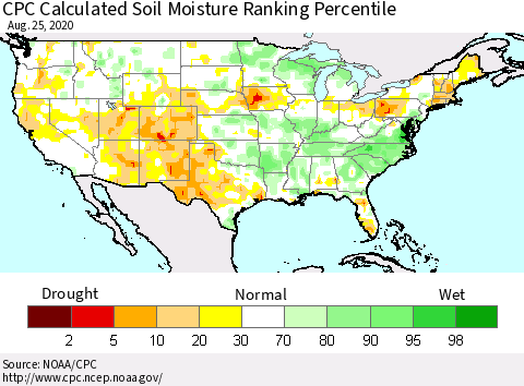 United States CPC Calculated Soil Moisture Ranking Percentile Thematic Map For 8/21/2020 - 8/25/2020