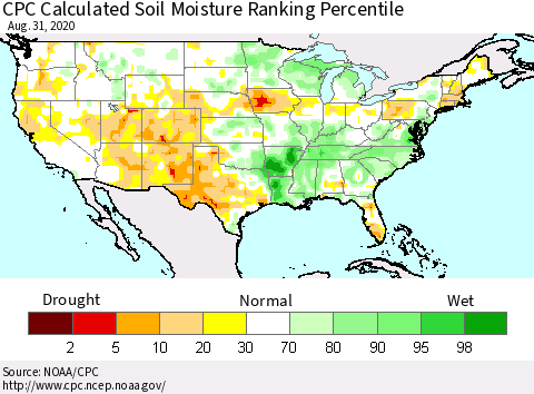 United States CPC Calculated Soil Moisture Ranking Percentile Thematic Map For 8/26/2020 - 8/31/2020