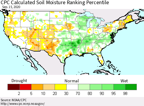 United States CPC Soil Moisture Ranking Percentile (Leaky Bucket) Thematic Map For 9/11/2020 - 9/15/2020