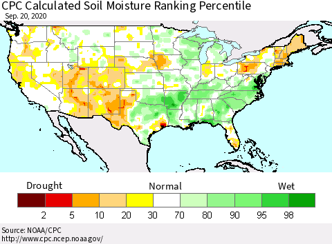 United States CPC Calculated Soil Moisture Ranking Percentile Thematic Map For 9/16/2020 - 9/20/2020