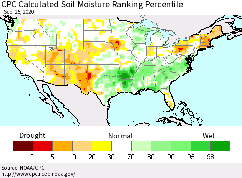 United States CPC Soil Moisture Ranking Percentile (Leaky Bucket) Thematic Map For 9/21/2020 - 9/25/2020