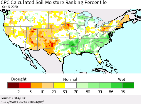 United States CPC Soil Moisture Ranking Percentile (Leaky Bucket) Thematic Map For 10/1/2020 - 10/5/2020
