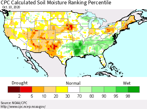 United States CPC Calculated Soil Moisture Ranking Percentile Thematic Map For 10/6/2020 - 10/10/2020