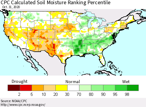 United States CPC Soil Moisture Ranking Percentile (Leaky Bucket) Thematic Map For 10/26/2020 - 10/31/2020