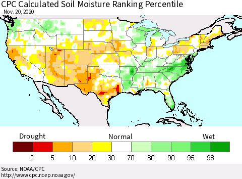United States CPC Calculated Soil Moisture Ranking Percentile Thematic Map For 11/16/2020 - 11/20/2020