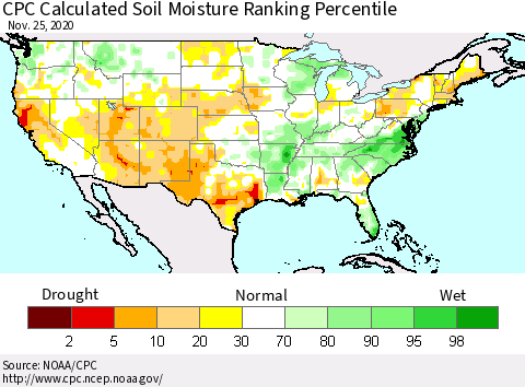 United States CPC Calculated Soil Moisture Ranking Percentile Thematic Map For 11/21/2020 - 11/25/2020