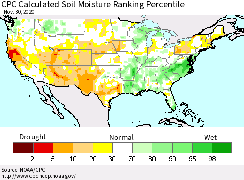 United States CPC Calculated Soil Moisture Ranking Percentile Thematic Map For 11/26/2020 - 11/30/2020