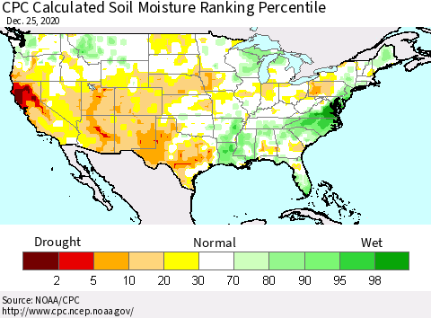 United States CPC Soil Moisture Ranking Percentile (Leaky Bucket) Thematic Map For 12/21/2020 - 12/25/2020