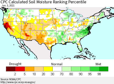 United States CPC Soil Moisture Ranking Percentile (Leaky Bucket) Thematic Map For 1/1/2021 - 1/5/2021