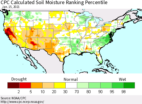 United States CPC Soil Moisture Ranking Percentile (Leaky Bucket) Thematic Map For 1/11/2021 - 1/15/2021