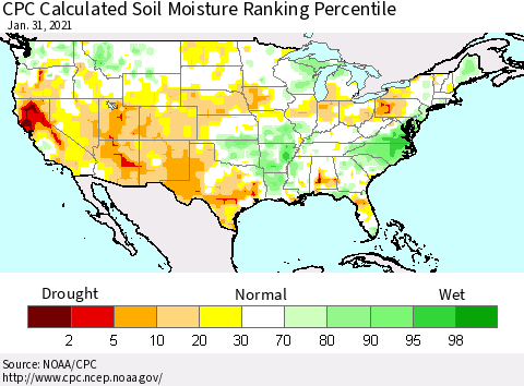 United States CPC Calculated Soil Moisture Ranking Percentile Thematic Map For 1/26/2021 - 1/31/2021