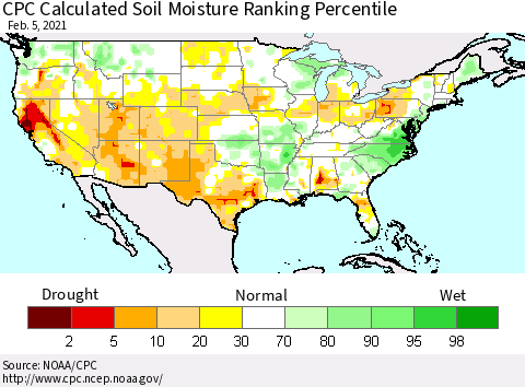 United States CPC Calculated Soil Moisture Ranking Percentile Thematic Map For 2/1/2021 - 2/5/2021