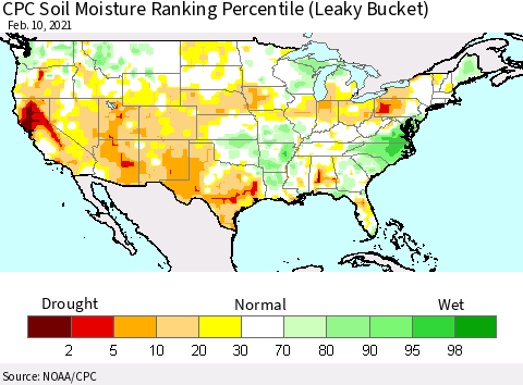 United States CPC Calculated Soil Moisture Ranking Percentile Thematic Map For 2/6/2021 - 2/10/2021