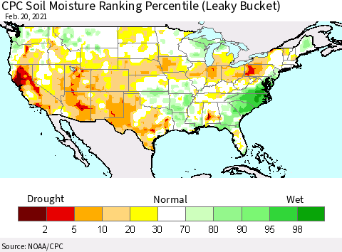United States CPC Soil Moisture Ranking Percentile (Leaky Bucket) Thematic Map For 2/16/2021 - 2/20/2021