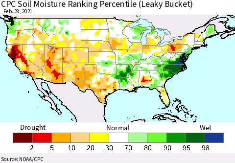United States CPC Calculated Soil Moisture Ranking Percentile Thematic Map For 2/26/2021 - 2/28/2021