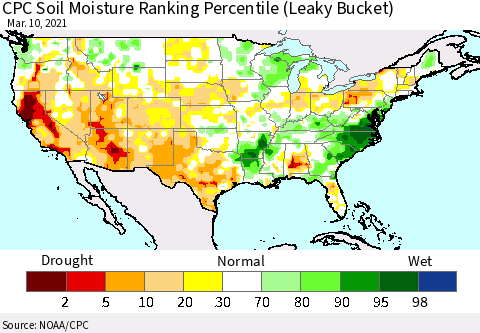 United States CPC Calculated Soil Moisture Ranking Percentile Thematic Map For 3/6/2021 - 3/10/2021